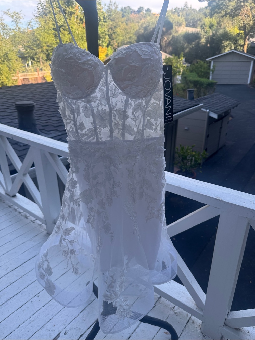 Jovani White Strapless Lace Appliqué Cocktail Dress